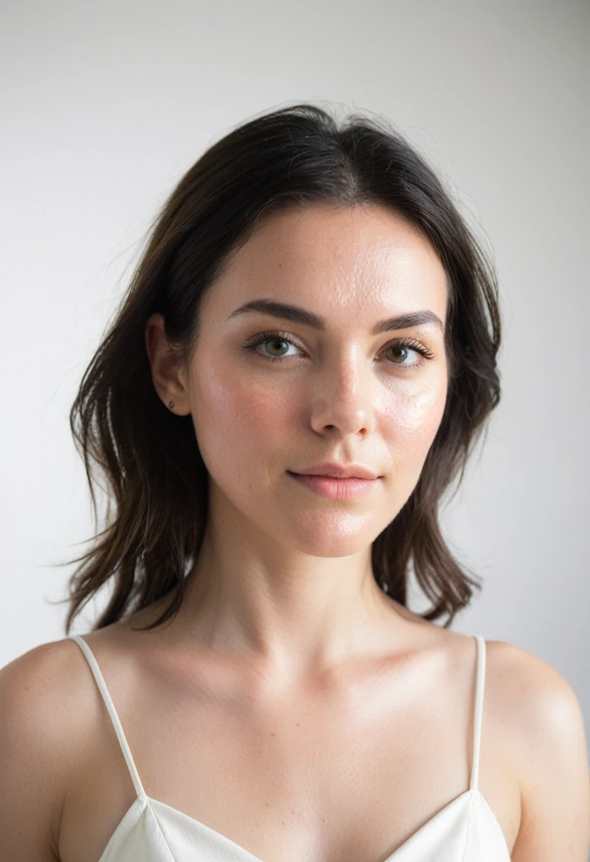 Photograph of a female model, white background,flare all over her face, invisible --ar 4:5 --s 50 --v 6.0 --style raw