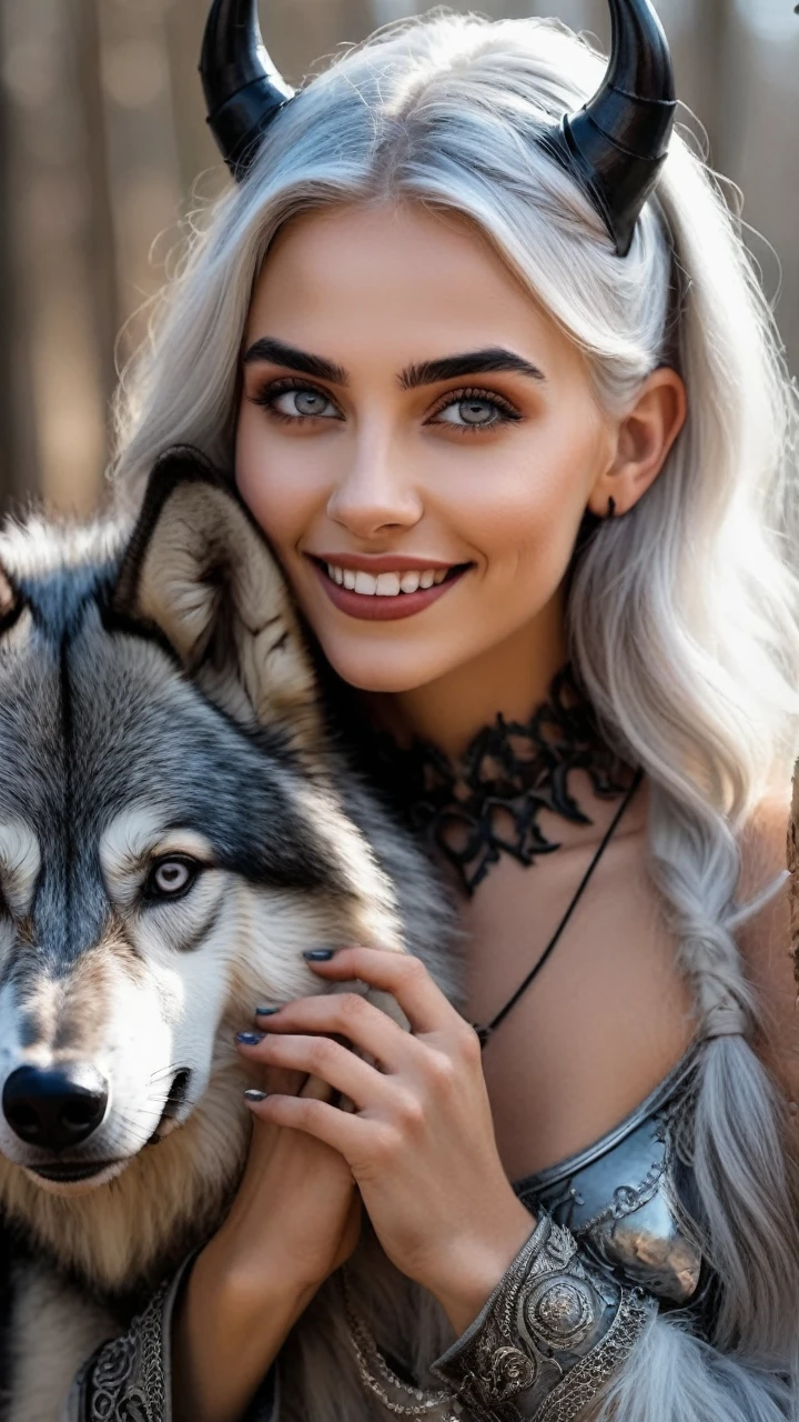 Stunning, perfect 8k uhd professional photos, Sharp focus, In a stunning fantasy world, A cute silver-haired 20-year-old girl with black devil horns and beautiful hands., 1 girl and wolf, 1 mysterious giant, Smiling with happiness, In bright natural light