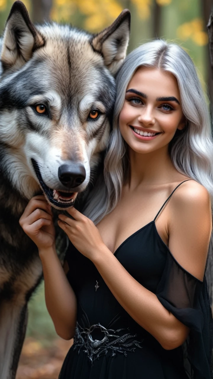 Stunning, perfect 8k uhd professional photos, Sharp focus, In a stunning fantasy world, A cute silver-haired 20-year-old girl with black devil horns and beautiful hands., 1 girl and wolf, 1 mysterious giant, Smiling with happiness, In bright natural light