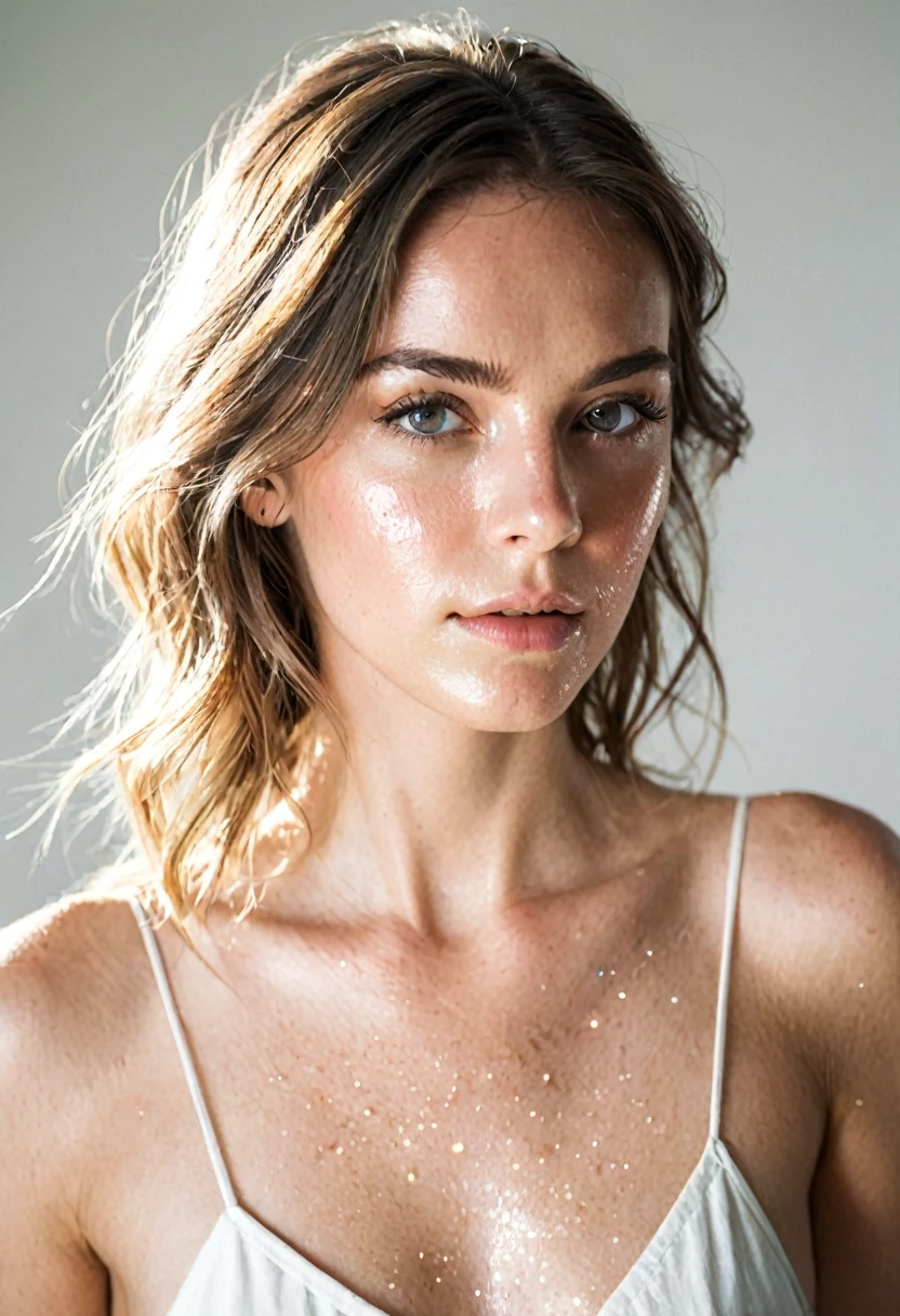 Photograph of a female model, white background,flare all over her face, invisible --ar 4:5 --s 50 --v 6.0 --style raw