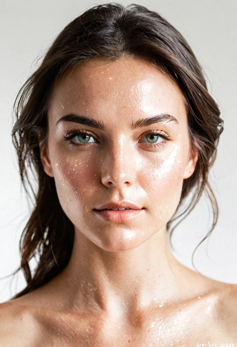 Photograph of a female model, white background,flare all over her face, invisible --ar 4:5 --s 50 --v 6.0 --style raw