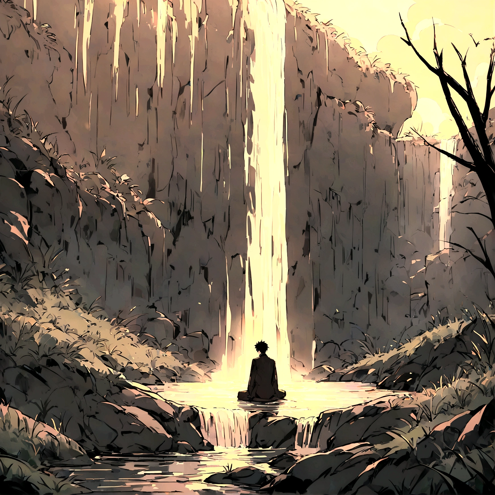 A sad boy sitting alone in sunset in wide area covered with grass in centre, in sideways a waterfall, in up crow group, professional style, extra detailed, anime style , high resolution, extra quality,HD clarity 