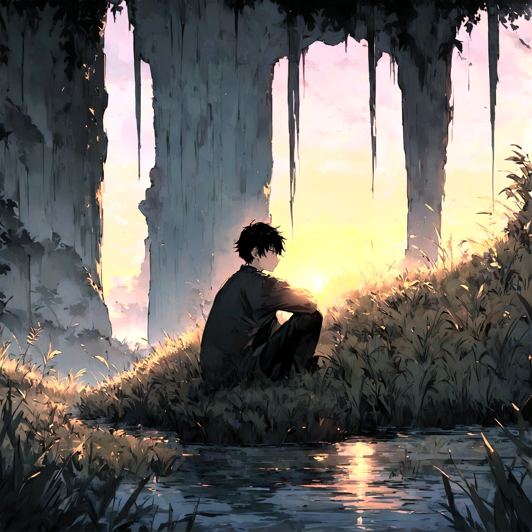 A sad boy sitting alone in sunset in wide area covered with grass in centre, in sideways a waterfall, in up crow group, professional style, extra detailed, anime style , high resolution, extra quality,HD clarity 