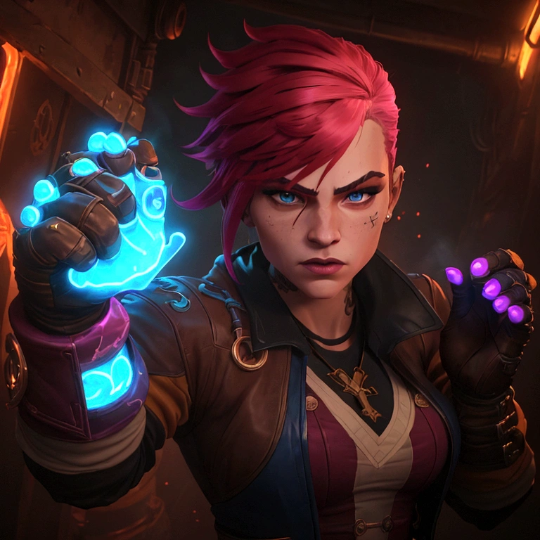 A dynamic pose of Vi from Arcane: League of Legends, with detailed face, wearing her signature blue and yellow jacket, with her gauntlets raised, and a determined expression on her face. She has short pink hair, blue eyes, and a Roman numeral VI tattoo on her cheek. Her attire is punk-inspired, featuring a leather jacket, and she has large mechanical gauntlets. Her physique is athletic and muscular. The background is a dark, gritty alleyway in Zaun, with flickering neon lights and smoke in the air. The scene is lit by a single spotlight, illuminating Vi.