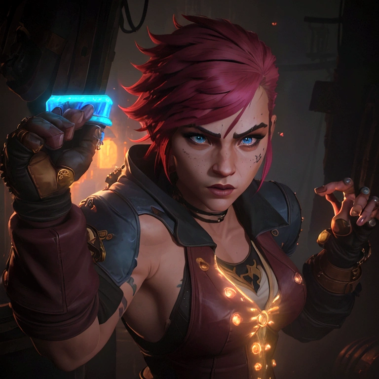 
A dynamic pose of Vi from Arcane: League of Legends, with detailed face, wearing her signature blue and yellow jacket, with her gauntlets raised, and a determined expression on her face. She has short pink hair, blue eyes, and a Roman numeral VI tattoo on her cheek. Her attire is punk-inspired, featuring a leather jacket, and she has large mechanical gauntlets. Her physique is athletic and muscular. The background is a dark, gritty alleyway in Zaun, with flickering neon lights and smoke in the air. The scene is lit by a single spotlight, illuminating Vi.