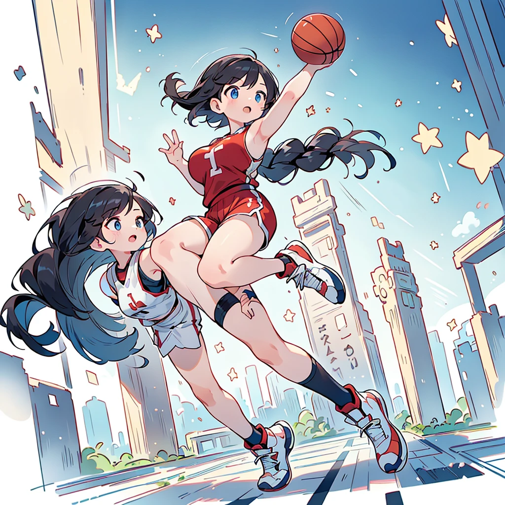 Highest quality、High resolution、Detailed Background、Beautiful Face、High detail、(Perfect Anatomy, Perfect Style)、(Detailed facial expressions)、(fine grain:1.2)、age Beauty、(very wide shot:1.5, full body:1.4), One Girl、, Cute black hair、Braided Bob, Braided, clear, deep blue eyes、Braided Ponytail, Braided bob cut, Basketball game in the gym, jumping:1.5, dunking:1.5, brake, Incredible jumping ability:1.5, Suspended in the air in a shooting position:1.5, Incredible jumping power and long flight times, ((aerial view:1.5, shoot from side, looking up)), (Bright red basketball uniform:1.5, White Line、Same color above and below, No sleeve:1.5, Shorts, High-cut basketball shoes)、(armpit:1.2), ((large breasts:1.2, pointy breasts:1.2, high breasts:1.2)), Throw a basketball held above your head into the top of the goal, Dunk Shot、The goal ring is 3m above the ground.