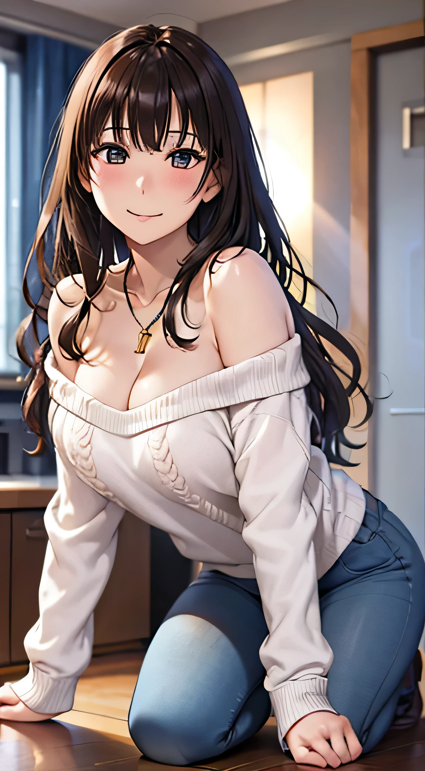((Tabletop, Highest quality, High resolution, , Pixel Perfect, 4K,))), 1 female, 、The whole body is visible、 ((Long Wavy Hair, bangs, Brown Hair)), ((Brown eyes, Beautiful eyelashes, Realistic eyes)), ((Detailed face, Blushing:1.2)), ((Smooth texture:0.75, Realistic texture:0.65, Realistic:1.1, Anime CG Style)), Medium sized breasts, Dynamic Angle, Perfect body, (( , , Off-the-shoulder sweater、No bra、、 Tight jeans pants、Take off your pants below your knees、、、)), Gold Hair Ornament、Cross Necklace、、Very embarrassing panic smile, 、、、、、Leaning forward、Nipples are slightly visible、Sidetick your butt out、Luxury apartment kitchen、、、、、、 、)、