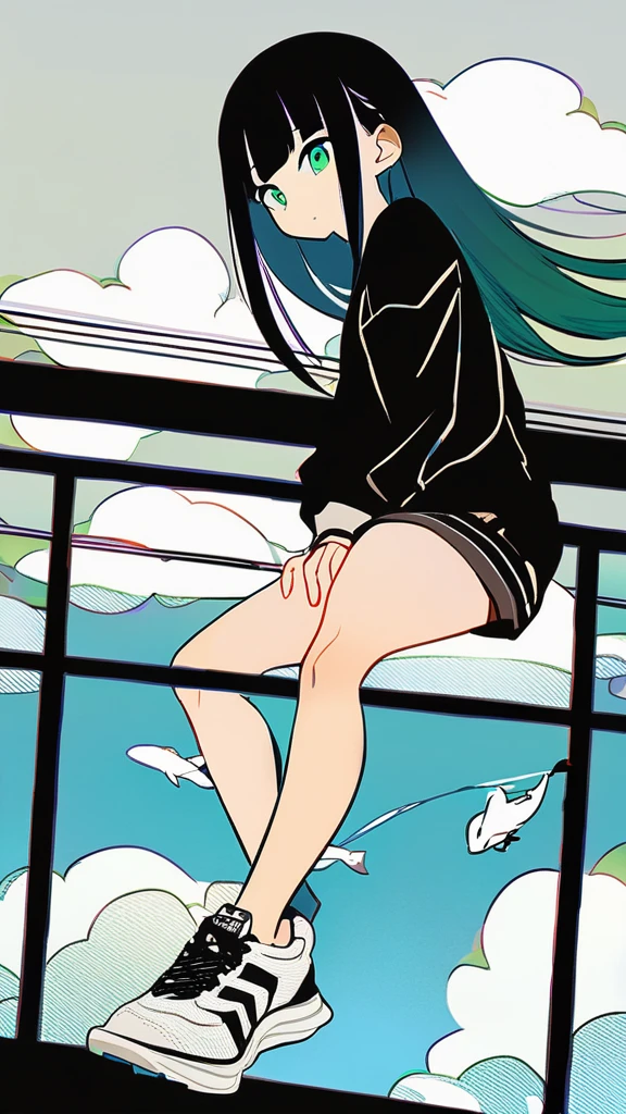 masterpiece, Exquisite detail,Highest quality, One girl, alone, handrail, cloud, 立ってzeroを見上げている,Long Hair, zero, Long sleeve, sneakers, Power lines, White footwear, Black Hair, View your viewers, Electric pole, bangs, cloudy zero, fish, bird, Green Eyes, Shorts, Day, Black Shirt, barefoot