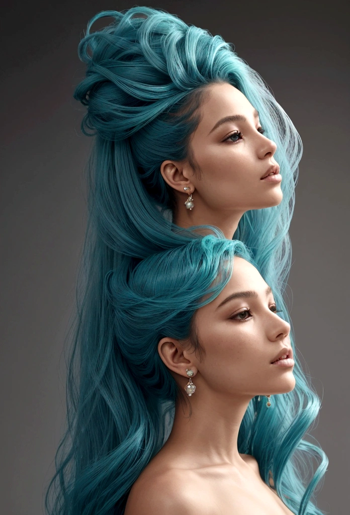  an image of a person with a flowing, sculptural hairstyle and garment that echo the movement of water. The hair and attire should be crafted with smooth, swirling patterns that extend and blend into each other, in a seamless and organic fashion. The color scheme should be a gradient of turquoise to aquamarine, set against a neutral gray background to emphasize the subject. The subject's pose should be elegant and poised, with a profile view showcasing refined features and a calm, contemplative expression. Add a detailed, ornate earring to the subject to bring an additional element of sophistication. The lighting should cast soft shadows to define the swirling forms, creating a luxurious and modern aesthetic."