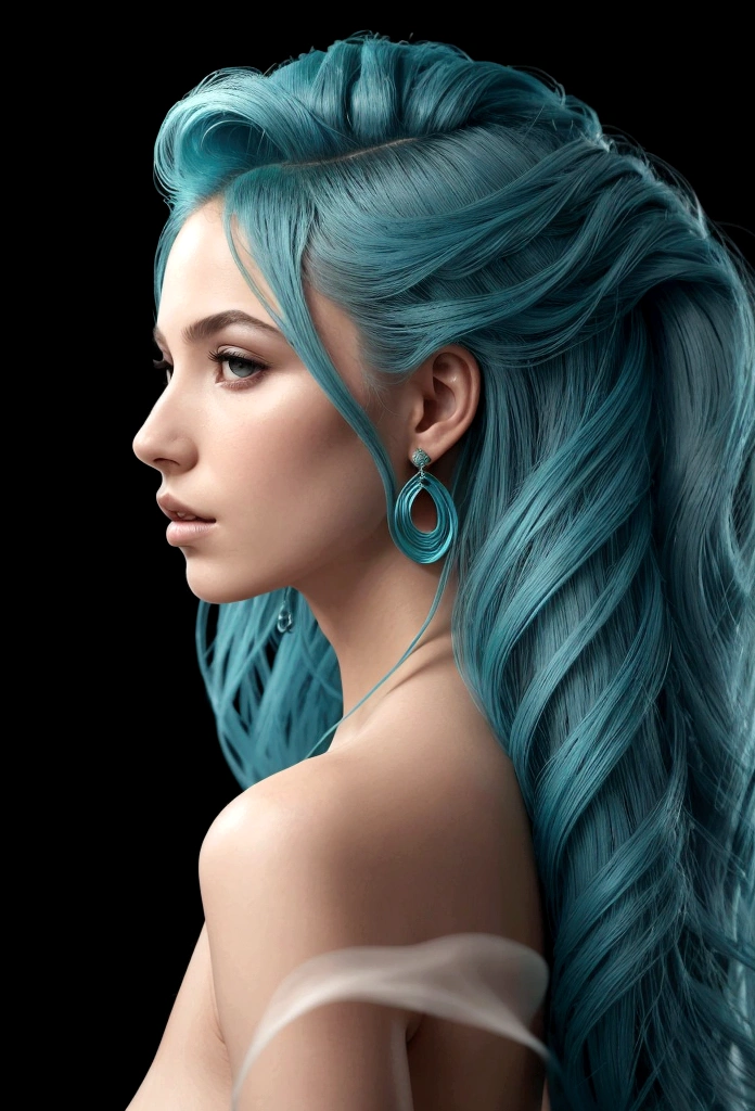  an image of a person with a flowing, sculptural hairstyle and garment that echo the movement of water. The hair and attire should be crafted with smooth, swirling patterns that extend and blend into each other, in a seamless and organic fashion. The color scheme should be a gradient of turquoise to aquamarine, set against a neutral gray background to emphasize the subject. The subject's pose should be elegant and poised, with a profile view showcasing refined features and a calm, contemplative expression. Add a detailed, ornate earring to the subject to bring an additional element of sophistication. The lighting should cast soft shadows to define the swirling forms, creating a luxurious and modern aesthetic."