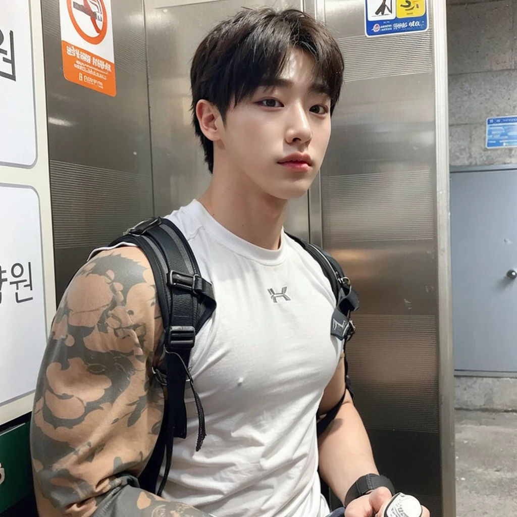 realistic portrait of a handsome kpop idol, wonho from the group monstax, detailed facial features, beautiful detailed eyes, beautiful detailed lips, extremely detailed face, sharp focus, photorealistic, studio lighting, professional, vivid colors, warm lighting, muscular