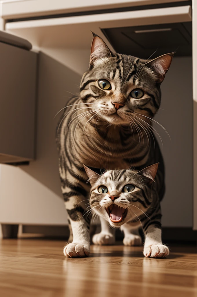 Create a 3d image of an ugly cat pooping while the mother screams at it