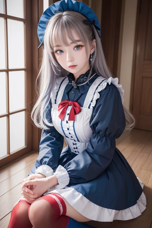 (((masterpiece))), (((highest quality: 1.4))), ((Super detailed: 1.4)) , ulzzang-6500-v1.1, (RAW Photos:1.2), (Realistic), (See through:1.3), (masterpiece), (Genuine:1.4), Very detailed, Sharp focus, Tensura:bright valentine、One beautiful woman, ((Beautiful, shiny silver grain、Detailed face、((Right eye is red、Bright blue left eye))、Gothic Lolita Maid Clothing、Knee-high socks、