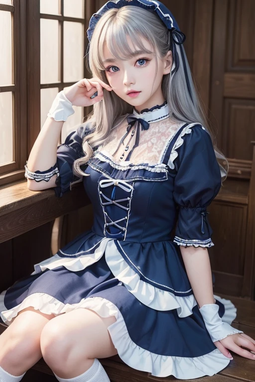 (Tabletop, highest quality:1.2), 8k, 85mm, Official Art, RAW Photos, Absurd, Platinum Blonde Hair, (blue eyes, Lolita Fashion, Sweet Lolita, Gothic, dress:1.2), Idol's face, close, beautiful girl, Gardeniass, Copenhagen, Short sleeve, Grace, Sophisticated, Gardenia, Looking at the audience, Film Grain, chromatic aberration, Sharp focus, Face Light, Dynamic Lighting, Cinema Lighting, Detailed face, Background of the metropolis