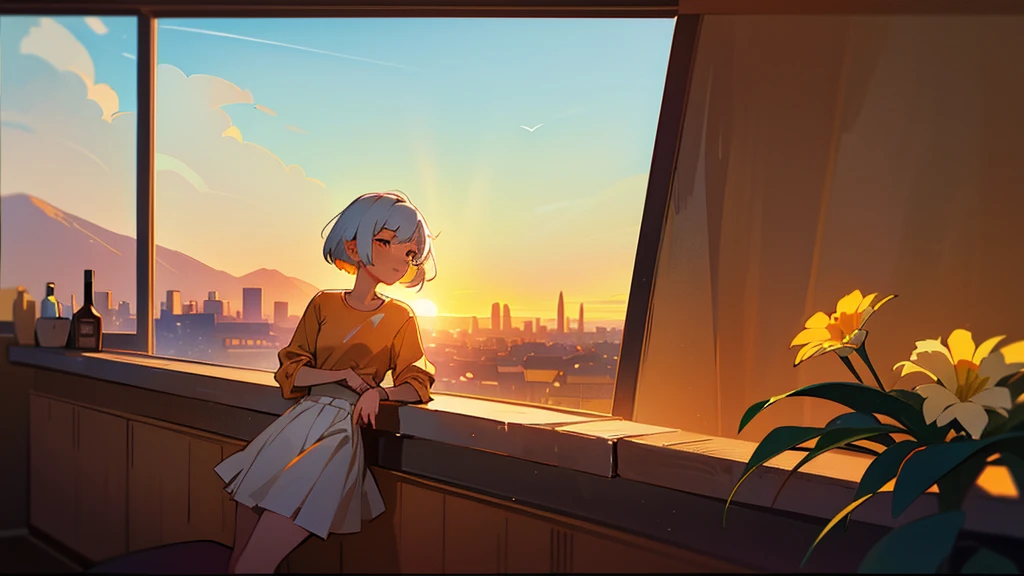 A young woman with short white hair, sitting on a windowsill, wearing a brown shirt and a white skirt. She looks pensively at the sunset, which paints the sky with shades of orange and yellow. The sunlight creates a volumetric light effect on her face and hair. In the background, an urban landscape stretches out to distant mountains. Add details such as a gentle breeze moving her hair and some flowers on the windowsill.