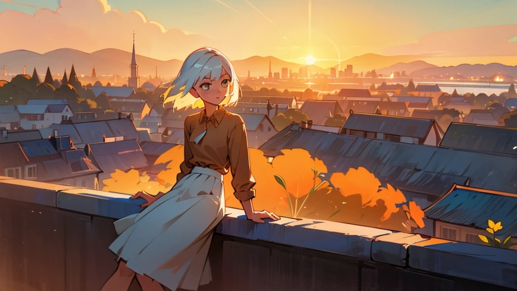 A young woman with short white hair, sitting on a windowsill, wearing a brown shirt and a white skirt. She looks pensively at the sunset, which paints the sky with shades of orange and yellow. The sunlight creates a volumetric light effect on her face and hair. In the background, an urban landscape stretches out to distant mountains. Add details such as a gentle breeze moving her hair and some flowers on the windowsill.