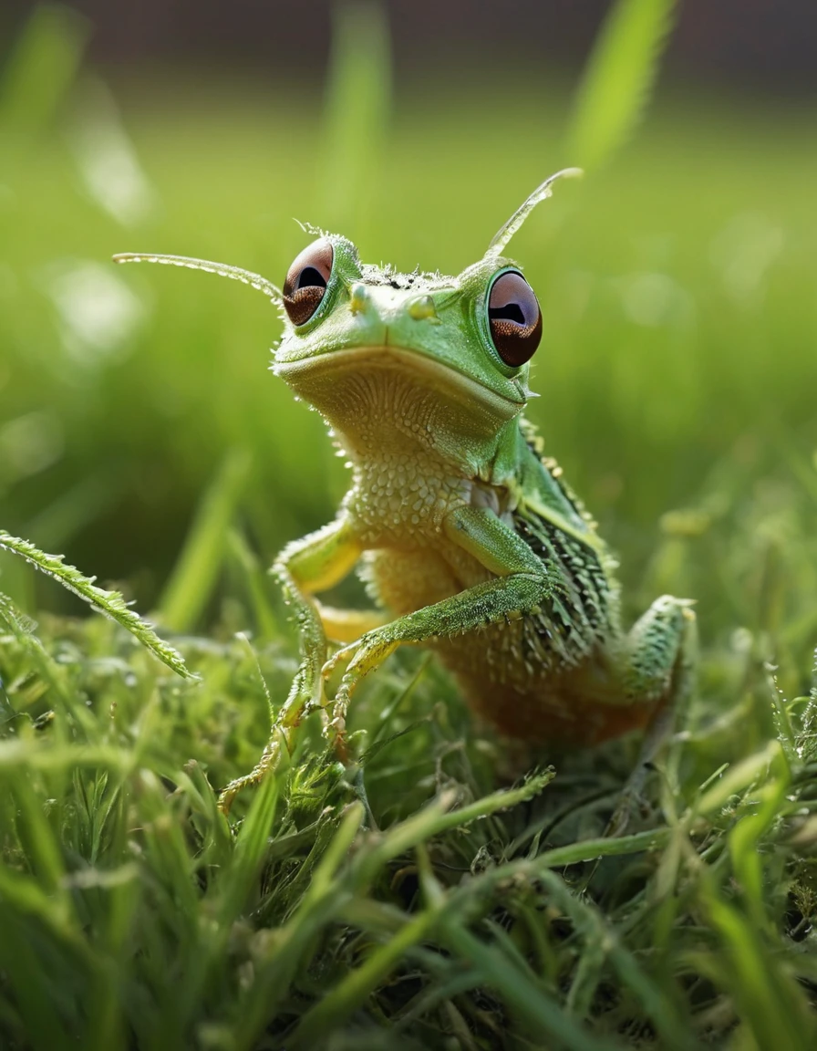 amazing quality, masterpiece, best quality, hyper detailed, ultra detailed, UHD, perfect anatomy, portrait, dof, hyper-realism, majestic, awesome, inspiring, perfect meadow ground with fluffy cute green smol animal zhibi grashopper in it, earth, gritty, grass, cinematic composition, soft shadows, national geographic style