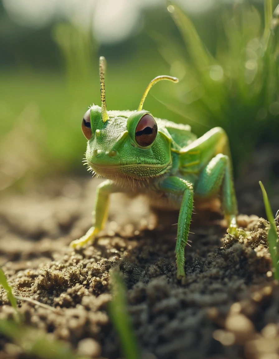 amazing quality, masterpiece, best quality, hyper detailed, ultra detailed, UHD, perfect anatomy, portrait, dof, hyper-realism, majestic, awesome, inspiring, perfect meadow ground with fluffy cute green smol animal zhibi grashopper in it, earth, gritty, grass, cinematic composition, soft shadows, national geographic style