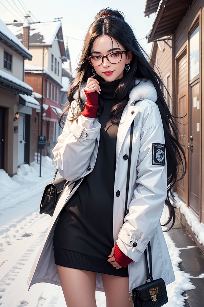 same,, One girl, animal, animal on shoulder, bird, Black-rimmed glasses, Iris, Black Hair, blue null, Cityscape, clear null, coat, Day, Earrings, Wear glasses, Glasses removed, fur coat, Jacket, jewelry, Long Hair, Look to the side, Outdoor, Power lines, Red lips, null, smile, snow, alone, sunglasses, white bird, white coat, winter, winter clothes, , ((masterpiece)) I&#39;m not wearing anything underneath