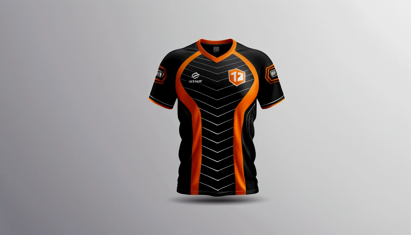 a orance and orance jersey with a futuristic design, racing, e-sport style, no jersey, sport clothing, wearing a volleyball jersey, sports clothing, off white jersey, shirt design, t shirt design, e-sports logo vector, esports, realistic clothing, tshirt design, t - shirt design, t-shirt design, gaming, professional sports style, sport t-shir