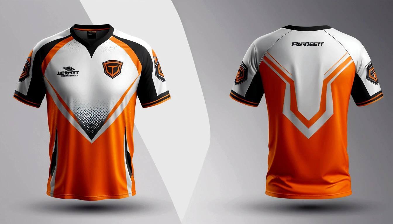 a orance and orance jersey with a futuristic design, racing, e-sport style, no jersey, sport clothing, wearing a volleyball jersey, sports clothing, off white jersey, shirt design, t shirt design, e-sports logo vector, esports, realistic clothing, tshirt design, t - shirt design, t-shirt design, gaming, professional sports style, sport t-shir