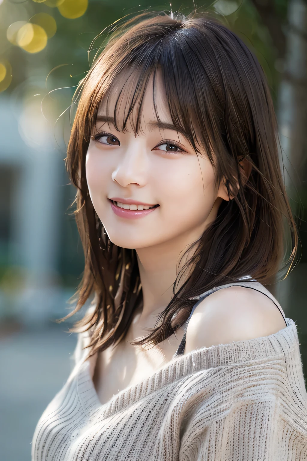 Highest quality、masterpiece、Ultra-high resolution、(Realistic:1.4)、RAW Photos、girl, Wear a cozy sweater, Upper body, (Laughter:1.1), (Open your mouth:1.1), (Eyes Wide Open:1.2), Sunlight glare, Bokeh, Written boundary depth, Blurred Background, Particles of light, Strong winds, (Heart Particles:1.1)