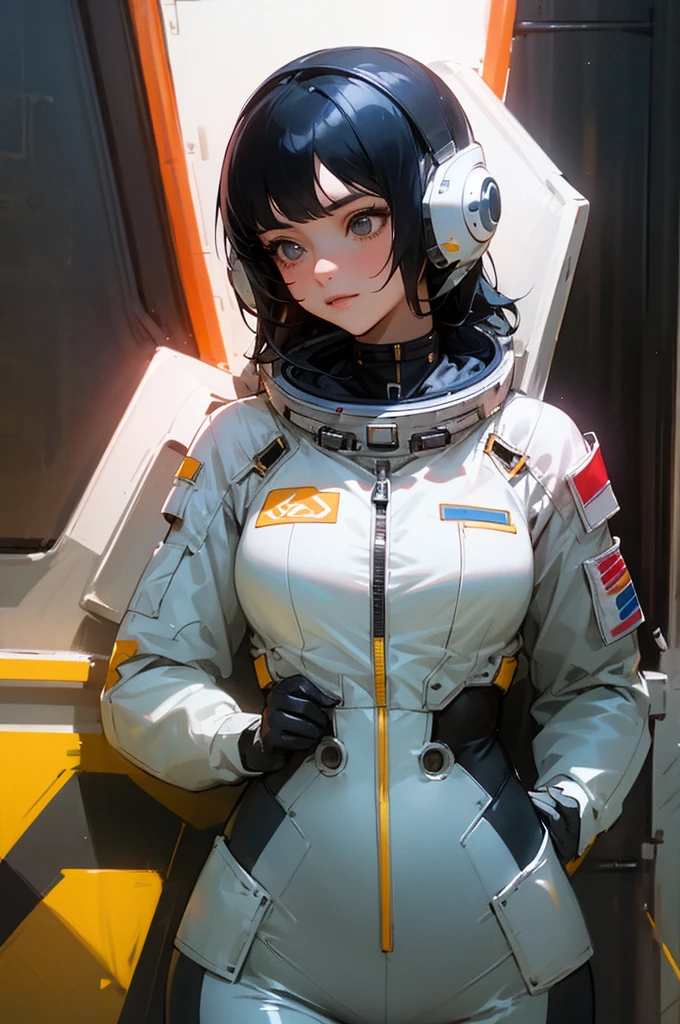 Masterpiece, of the highest quality, ultra detailed, conceptual, Masterpiece, professional photography, beautiful girl, Sexy outfit, black hair, astronaut suit, latex suit, colorful hair, exterior ,whole body, happiness, seriousness, look straight ahead, frontal photograph, same level