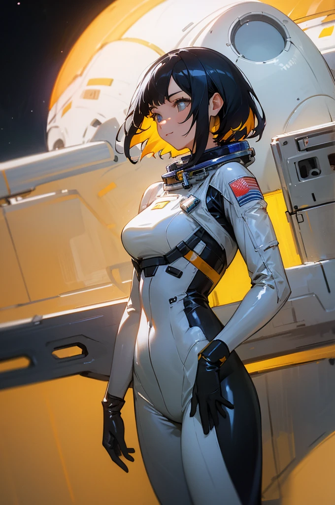 Masterpiece, of the highest quality, ultra detailed, conceptual, Masterpiece, professional photography, beautiful girl, Sexy outfit, black hair, astronaut suit, latex suit, colorful hair, exterior ,whole body, happiness, seriousness, look straight ahead, frontal photograph, same level