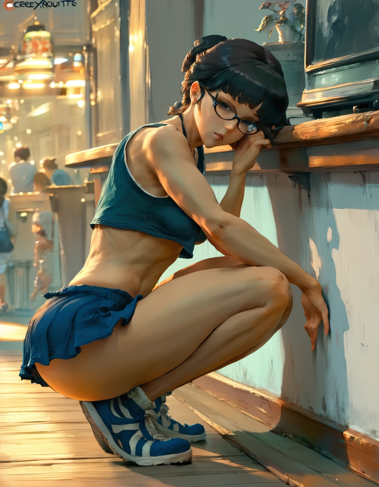 a woman in a short skirt and glasses is posing for a picture, a hyperrealistic , hyperrealistic , cutesexyrobutts, realistic , seductive anime girl, lit from behind, , bending over, ecchi, ecchi anime style, oppai, beautiful anime girl squatting, ecchi style, anime, anatomically correct, super detail, high quality, 4K