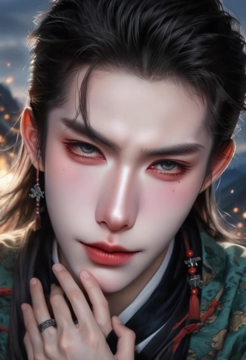 (best quality:1.2), (high resolution:1.2), (Beautiful face and eyes:1.5), (The sharpest focus:1.2), (Ultra Realistic Photo:1.2), (Ultra-precise photos:1.2), (Depth of Field:1.2), (8k high resolution:1.2). (Perfect anatomical structure:1.2), 
(Beautiful hands:1.5), (Perfect hands:1.5), (Cynical smile:1.5), (Very young and beautiful Chinese man:1.0), (Lie quietly，Close your sick eyes:1.8), (On top of a steep rocky mountain:1.8), 
(Leo stars twinkling in the night sky:1.5), (Top view:1.5), (Holding an unsheathed sword:1.0), (dressed in light armor、Chinese warrior with broken weapon:1.0), (Pale complexion:1.5), 