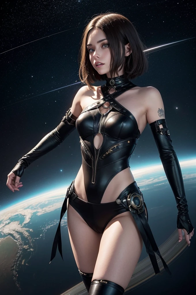 In a hypothetical scenario, create a brunette girl with four arms, short hair, dressed like a metalhead, it is in front of the planet Saturn