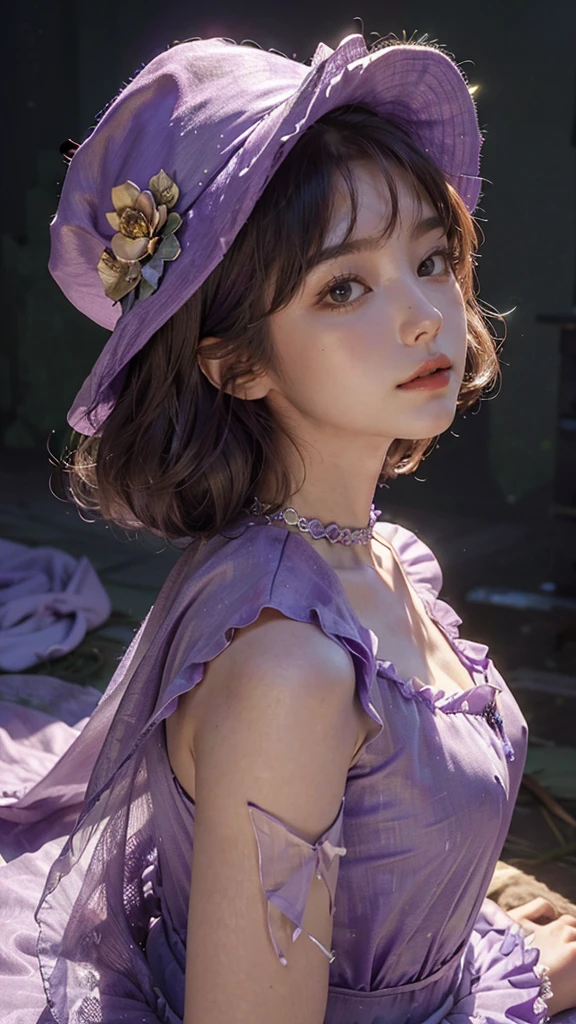 a beautiful girl, perfect face, arms at sides, masterpiece, ultra high res, high quality, 4k, upper body:1.5, lisa (genshin impact), purple witch hat, green eyes, brown hair, , bangs, dress, rose, jewelry, witch, capelet, purple headwear, black gloves, purple flower, hair between eyes, purple rose, parted lips, purple capelet, hat flower, multicolored dress, hair ornament, windmill, from side,