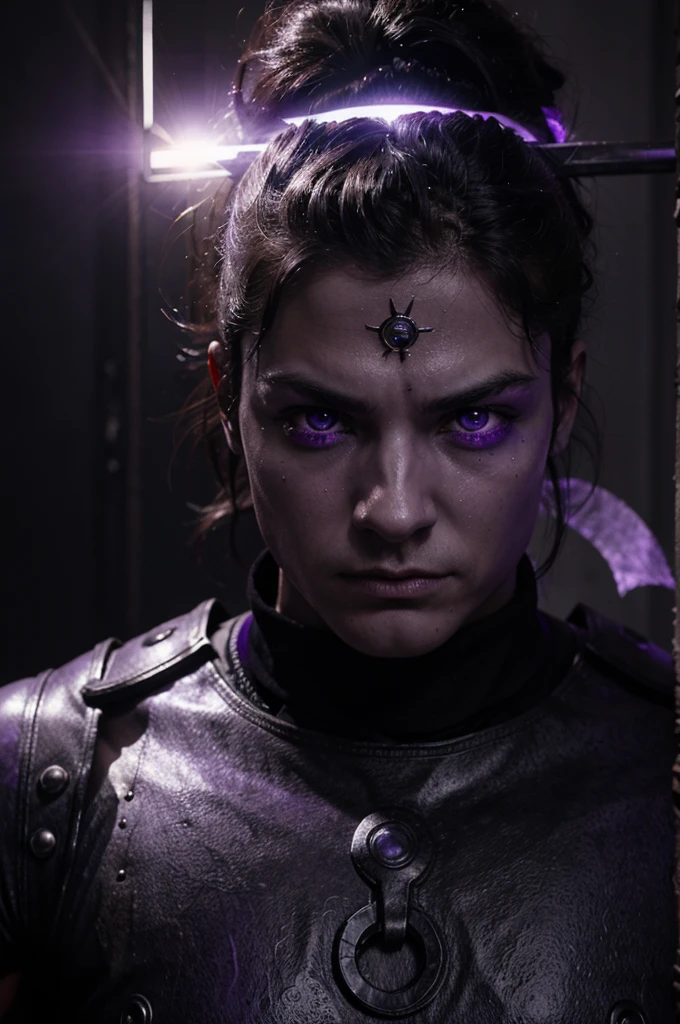 warrior, scary, dark, 3d, realistic, purple aura, purple eye, strong, man, psycopath