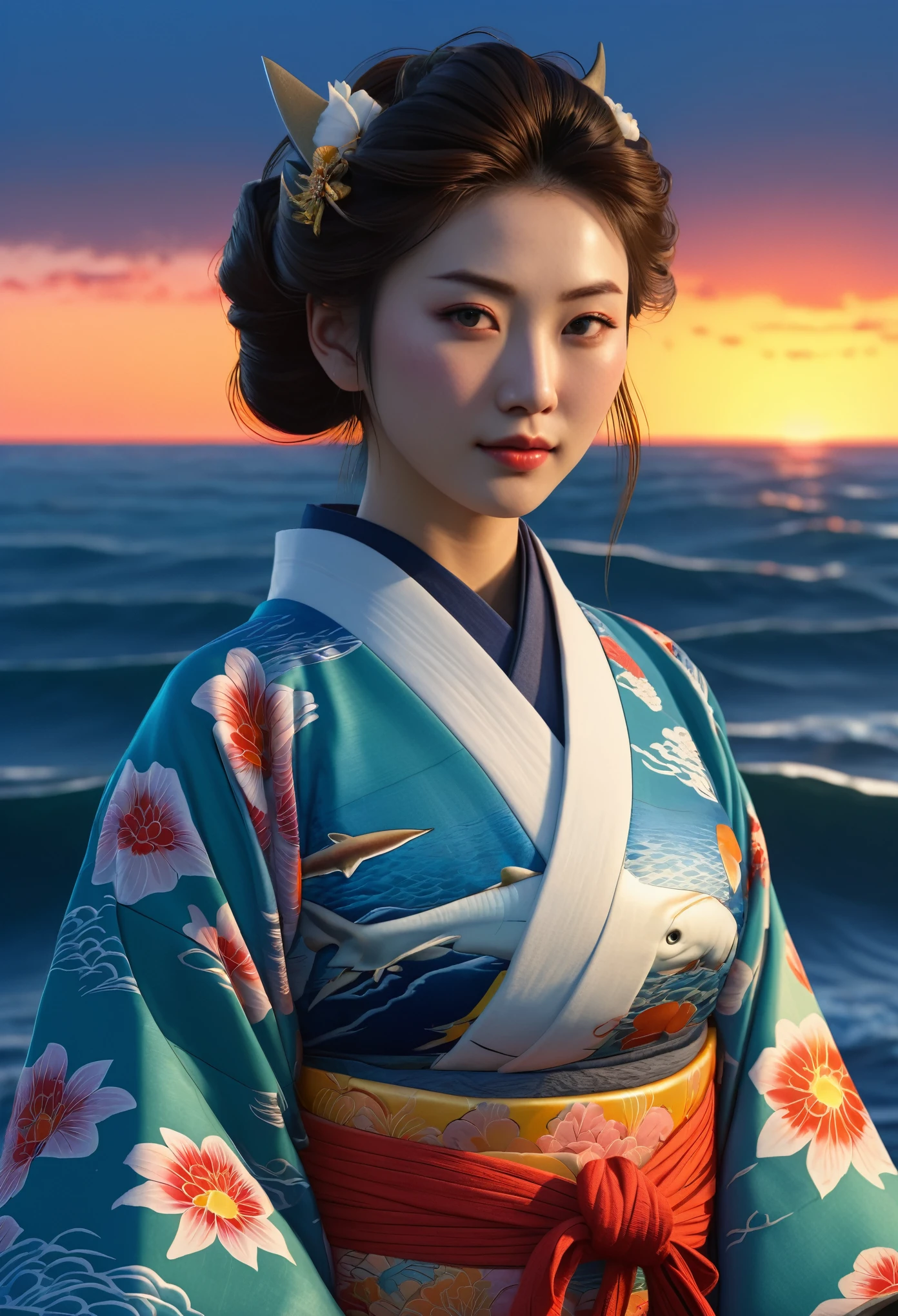 A beautiful female shark-human hybrid, detailed face and features, wearing a Japanese kimono with ocean and sunrise in the background, Studio Ghibli style, highly detailed, 8K, photorealistic, professional digital art, masterpiece, vibrant colors, dramatic lighting