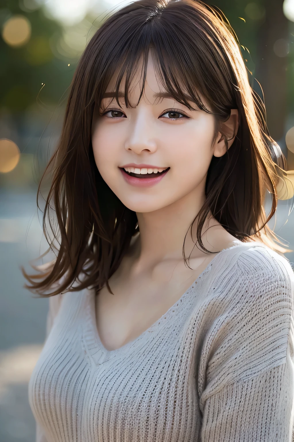 Highest quality、masterpiece、Ultra-high resolution、(Realistic:1.4)、RAW Photos、girl, Wear a cozy sweater, Upper body, (Laughter:1.1), (Open your mouth:1.1), (Eyes Wide Open:1.2), Sunlight glare, Bokeh, Written boundary depth, Blurred Background, Particles of light, Strong winds, (Heart Particles:1.1)