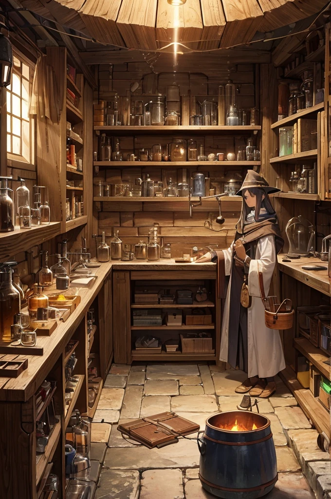 Alchemist, workshop, large cauldron, medicine bottle, wizard's tools, bookcase, heavy leather books, fantasy robes, researcher, laboratory, medieval science, lamp light, dusk
