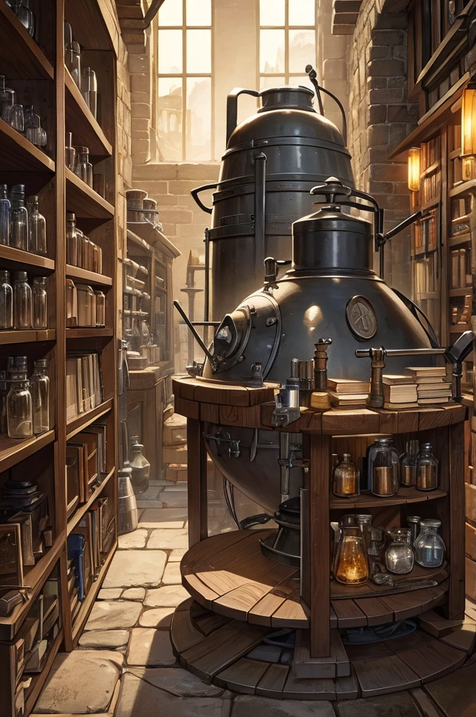 Alchemist, workshop, large cauldron, medicine bottle, wizard's tools, bookcase, heavy leather books, fantasy robes, researcher, laboratory, medieval science, lamp light, dusk