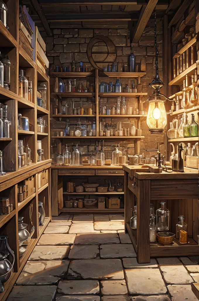 Alchemist, workshop, large cauldron, medicine bottle, wizard's tools, bookcase, heavy leather books, fantasy robes, researcher, laboratory, medieval science, lamp light, dusk
