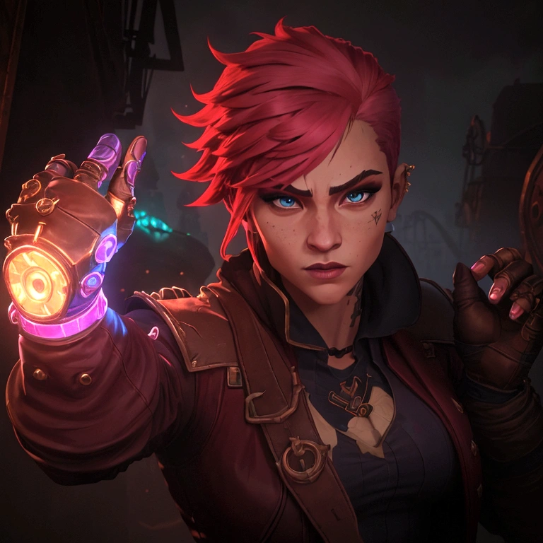 
A dynamic pose of Vi from Arcane: League of Legends, with detailed face, wearing her signature blue and yellow jacket, with her gauntlets raised, and a determined expression on her face. She has short pink hair, blue eyes, and a Roman numeral VI tattoo on her cheek. Her attire is punk-inspired, featuring a leather jacket, and she has large mechanical gauntlets. Her physique is athletic and muscular. The background is a dark, gritty alleyway in Zaun, with flickering neon lights and smoke in the air. The scene is lit by a single spotlight, illuminating Vi.