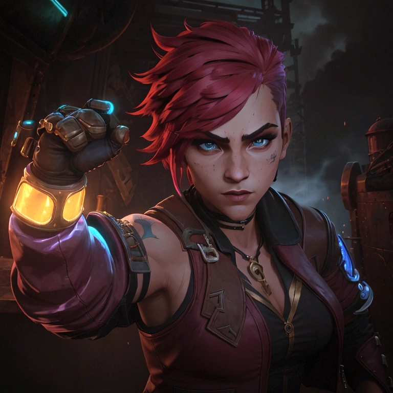 
A dynamic pose of Vi from Arcane: League of Legends, with detailed face, wearing her signature blue and yellow jacket, with her gauntlets raised, and a determined expression on her face. She has short pink hair, blue eyes, and a Roman numeral VI tattoo on her cheek. Her attire is punk-inspired, featuring a leather jacket, and she has large mechanical gauntlets. Her physique is athletic and muscular. The background is a dark, gritty alleyway in Zaun, with flickering neon lights and smoke in the air. The scene is lit by a single spotlight, illuminating Vi.
