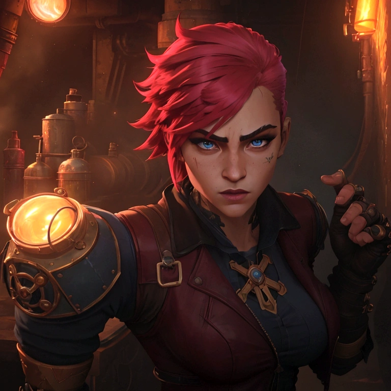 
A dynamic pose of Vi from Arcane: League of Legends, with detailed face, wearing her signature blue and yellow jacket, with her gauntlets raised, and a determined expression on her face. She has short pink hair, blue eyes, and a Roman numeral VI tattoo on her cheek. Her attire is punk-inspired, featuring a leather jacket, and she has large mechanical gauntlets. Her physique is athletic and muscular. The background is a dark, gritty alleyway in Zaun, with flickering neon lights and smoke in the air. The scene is lit by a single spotlight, illuminating Vi.