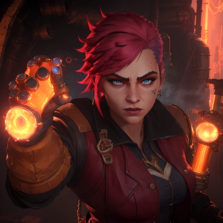
A dynamic pose of Vi from Arcane: League of Legends, with detailed face, wearing her signature blue and yellow jacket, with her gauntlets raised, and a determined expression on her face. She has short pink hair, blue eyes, and a Roman numeral VI tattoo on her cheek. Her attire is punk-inspired, featuring a leather jacket, and she has large mechanical gauntlets. Her physique is athletic and muscular. The background is a dark, gritty alleyway in Zaun, with flickering neon lights and smoke in the air. The scene is lit by a single spotlight, illuminating Vi.