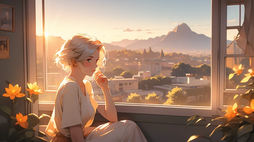 A young woman with short white hair, sitting on a windowsill, wearing a brown shirt and a white skirt. She looks pensively at the sunset, which paints the sky with shades of orange and yellow. The sunlight creates a volumetric light effect on her face and hair. In the background, an urban landscape stretches out to distant mountains. Add details such as a gentle breeze moving her hair and some flowers on the windowsill.