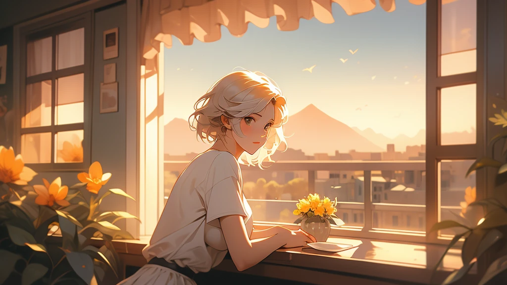 A young woman with short white hair, sitting on a windowsill, wearing a brown shirt and a white skirt. She looks pensively at the sunset, which paints the sky with shades of orange and yellow. The sunlight creates a volumetric light effect on her face and hair. In the background, an urban landscape stretches out to distant mountains. Add details such as a gentle breeze moving her hair and some flowers on the windowsill.