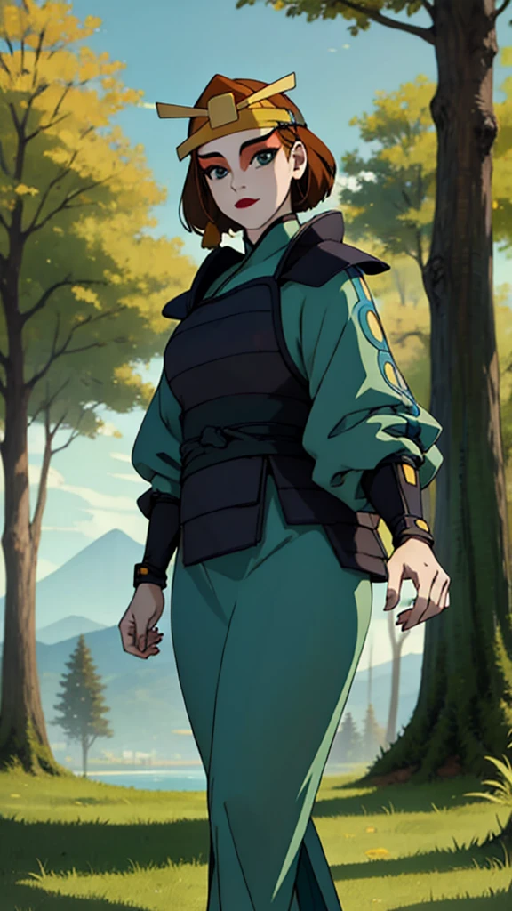 (masterpiece, best quality, high resolution: 1.4), 1 girl, fully clothed body, modesty, front, tall woman, (masterpiece), (best quality), (ultra high resolution), 1 girl ,rocks, trees, plants, brown hair, blue eyes, kyoshi warrior, makeup, lipstick, headband, green suit, smile, look at viewer, masterpiece, best quality, high quality, extremely detailed CG unity 8k wallpaper, digital illustration, trends, pastel colors, perfect fingers, perfect full body, extremely detailed.