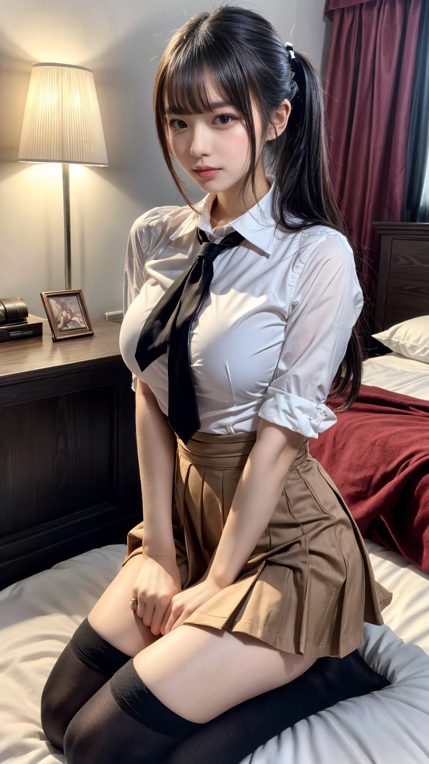 (8K, RAW Photos, Highest quality, masterpiece:1.2), (professional photography, full colors, studio-caliber color grading), (Gravure quality for high-end fashion magazines), BREAK,18 year old girl, (fluffy ponytail:1.2), Big Natural Color Lip, Plumpy body, (smooth skin:1.1), huge breasts, BREAK, (collared shirt:1.1), pleated skirt, knee high socks, BREAK, hotel room, cute , ta