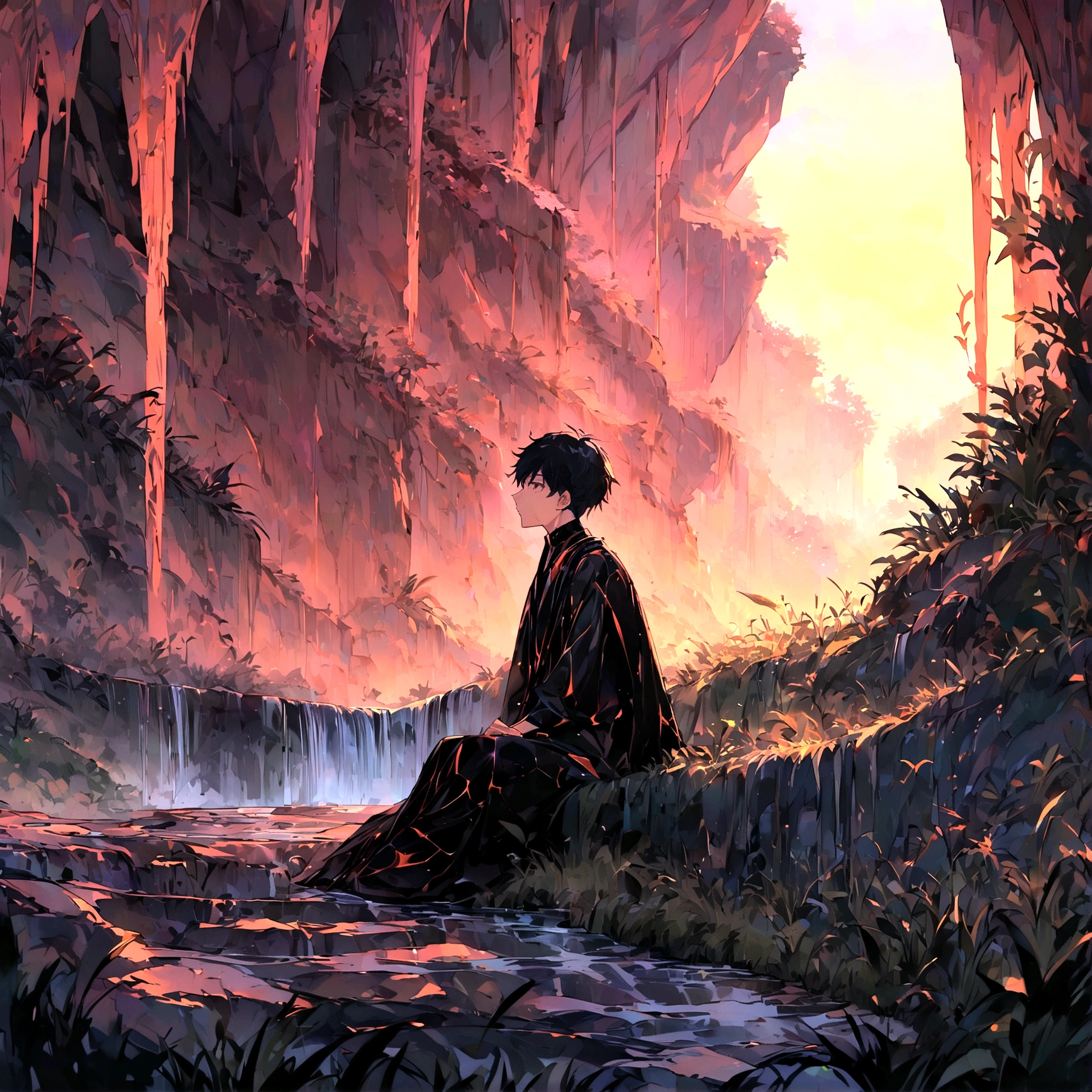 A sad boy sitting alone in sunset in wide area covered with grass in centre, in sideways a waterfall, in up crow group, professional style, extra detailed, anime style , high resolution, extra quality,HD clarity