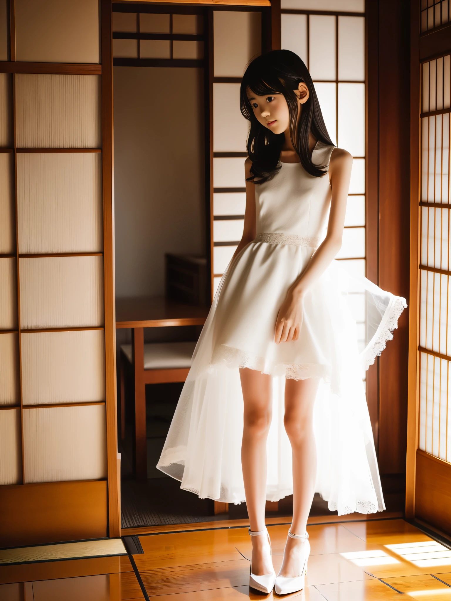 ((Full body:1.2,Voyeur from the front:1.2,from a distance:1.2)),(Very beautiful  Japanese skinny girl:1.4),A girl wearing a pure white frilly miniskirt dress,Pure white high heels,slim body shape,Large Breasts,Anxious expression,Looking Ahead,from below,realistic,best quality,ultra-detailed,high resolution