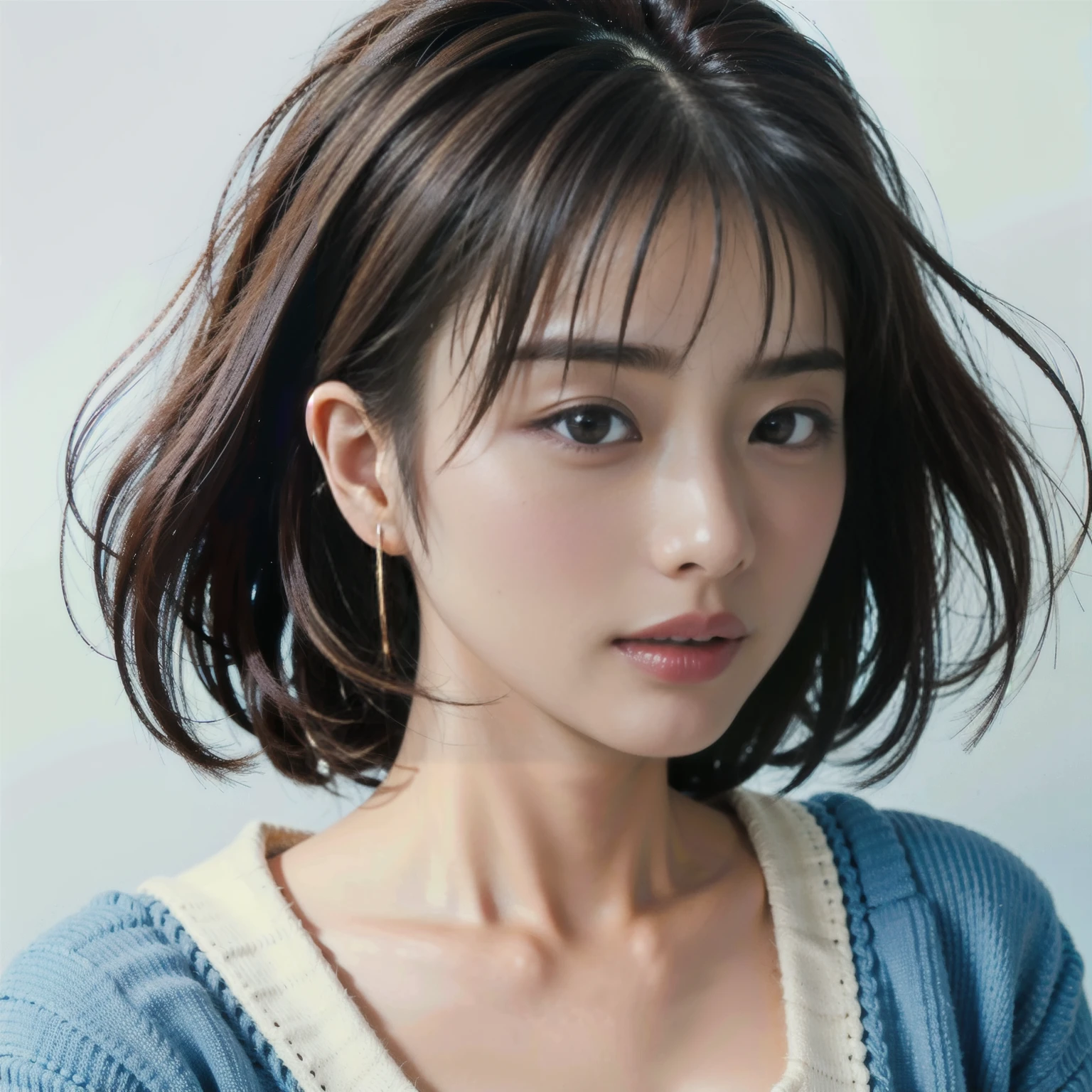 (Highest quality、8K、32k、masterpiece、Ultra-high resolution:1.2)、Cute Japanese Women Photos、Big ample breasts、Sundarium Hair、Upper Body、Face Focus、(sweater、:1.1)necklace、Simple Background、Looking at the audience、Leaning forward、Earrings