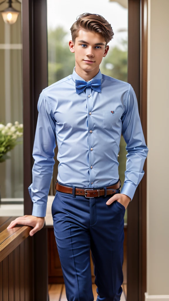 19 year old male wearing bow tie and lomg sleveed button up with belt and tucked in
4K HIGH REZ 

Physical Description: Brown colored hair and skinny build. 5"5 and 150 LB. Blue eyes. 

.